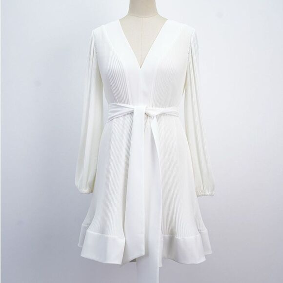 NWOT Milly Liv Long-Sleeve V-Neck Pleated Belted Mini Dress, size US6/UK10 - Picture 8 of 15